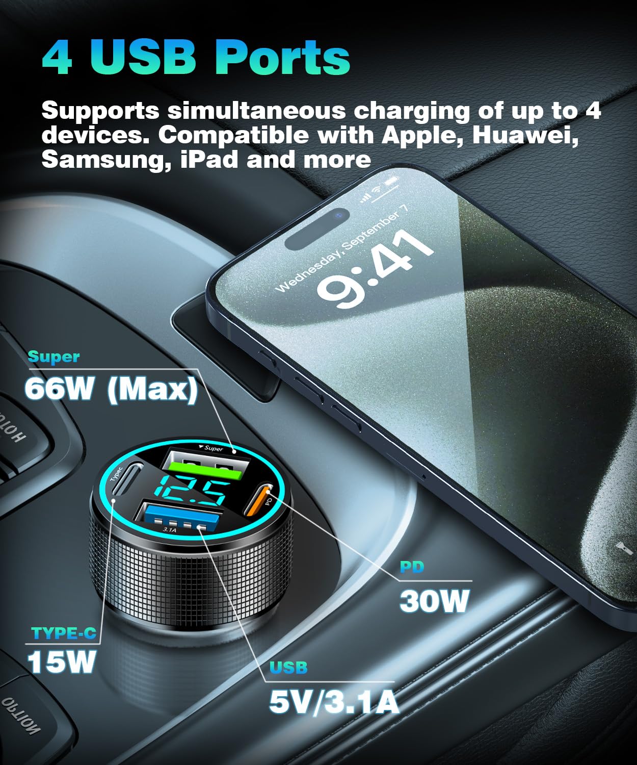 2 Packs of 66W USB C Car Charger 4 Port Car Charger Adapter with 30W PD, 3.1A Aluminium Alloy Car Cigarette Lighter USB Charger with LED Voltmeter Compatible with Phone 15 14 13