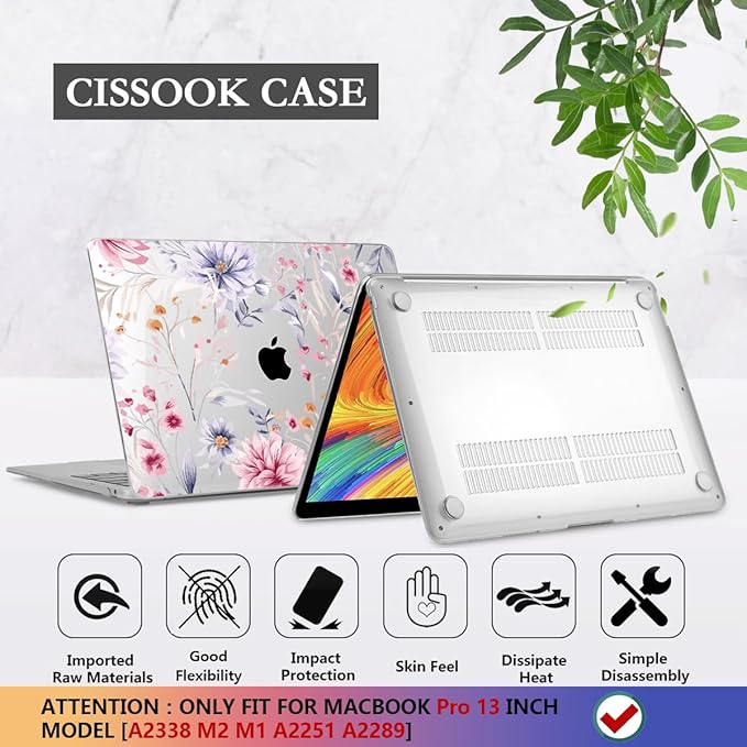 CISSOOK Flower Case for MacBook Pro 13 Inch M2 A2338 M1 A2251 A2289 Model 2025-2020 Released, Plastic Floral Cover with Keyboard Cover Protector for MacBook Pro 13 with Touch bar, Flowers Watercolor
