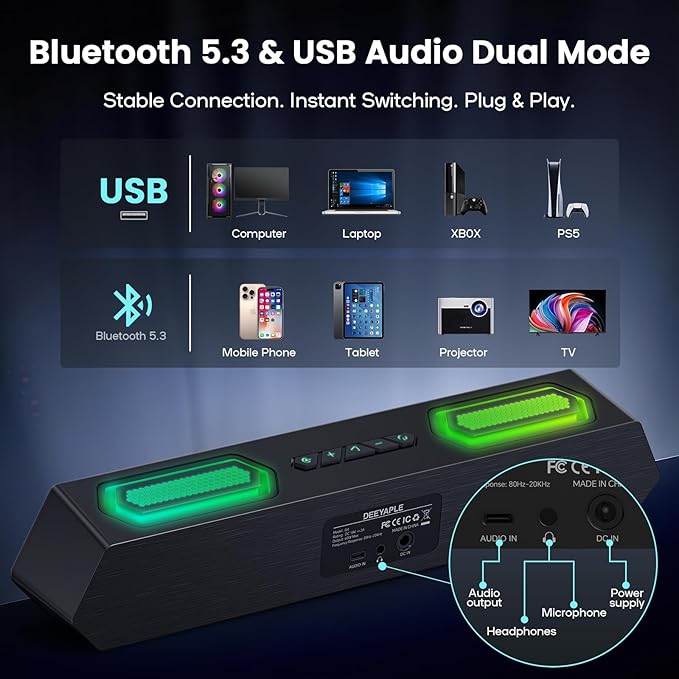 Deeyaple Computer Speakers, 40W Wireless Soundbar for Desktop PC with Bluetooth 5.3 & USB Audio, Dynamic RGB Lighting, Software Custom EQ, External Power Adapter Gaming Speakers, Laptop, Xbox (Black)