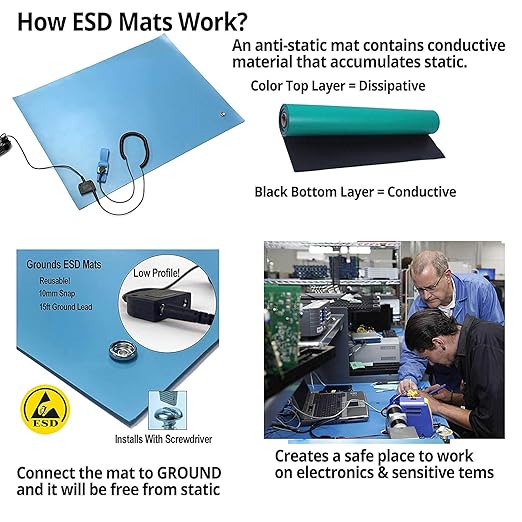 RubberStat Dual Layer ESD Compliant Workstation Rubber Table Mat Kit, Soldering, Cell Phone Repair, with Wrist Strap Set and Ground Cord - 36"x16" Grey