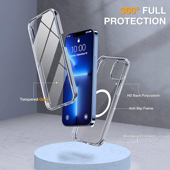 Miracase Magnetic for iPhone 13 Pro Max Case 6.7 inch, (Compatible with MagSafe) Upgrade Full-Body Clear Phone Bumper Case with Built-in 9H Tempered Glass Screen Protector, Magnetic Clear