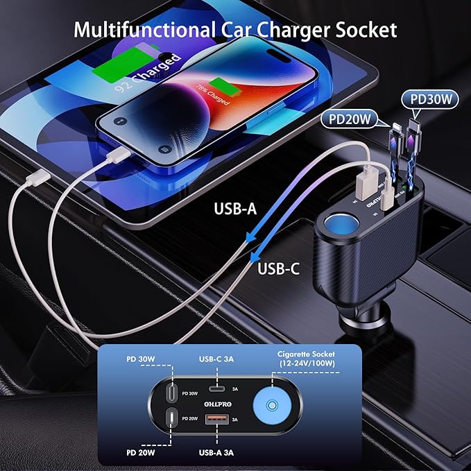 OHLPRO Retractable Car Charger Cigarette Lighter Adapter, 168W 5 in 1 Fast Phone Charging Built-in Replaceable Fuse, Socket Splitter with USB C and USB i Cord, Fit for Phone, iPad, Galaxy, GPS