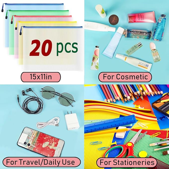AUSTARK 20pcs Mesh Zipper Pouch Bags, Multipurpose Waterproof Organization Storage Bag for Office School Home Travel (B4 Size 15''x11'', Multicolored)