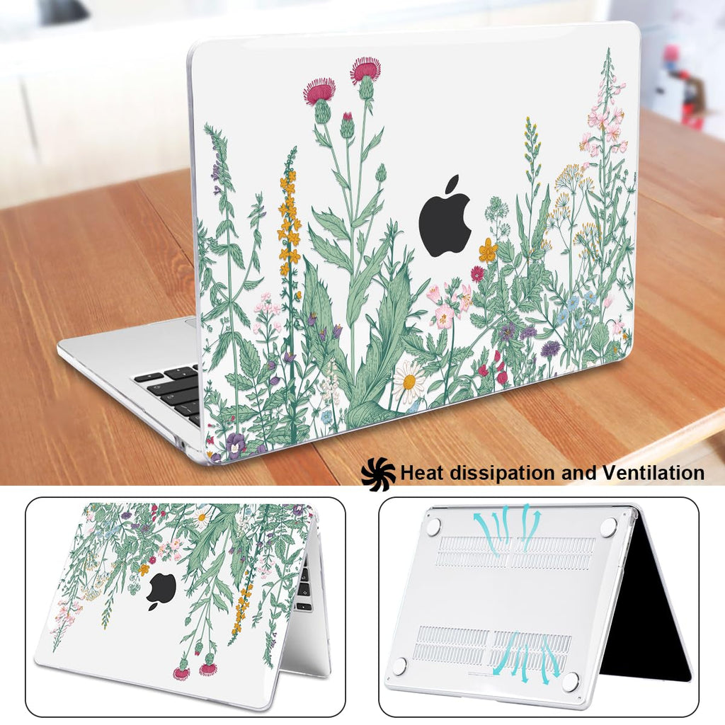 LCMOCICO for MacBook Air 13 Inch Case 2026 2025 2024 2023 2022 Release M5 A3449 M4 A3240 M3 A3113 M2 A2681, Scratch Resistant Plastic Hard Shell Case for MacBook Air 13.6 M5, Green Plants Flowers