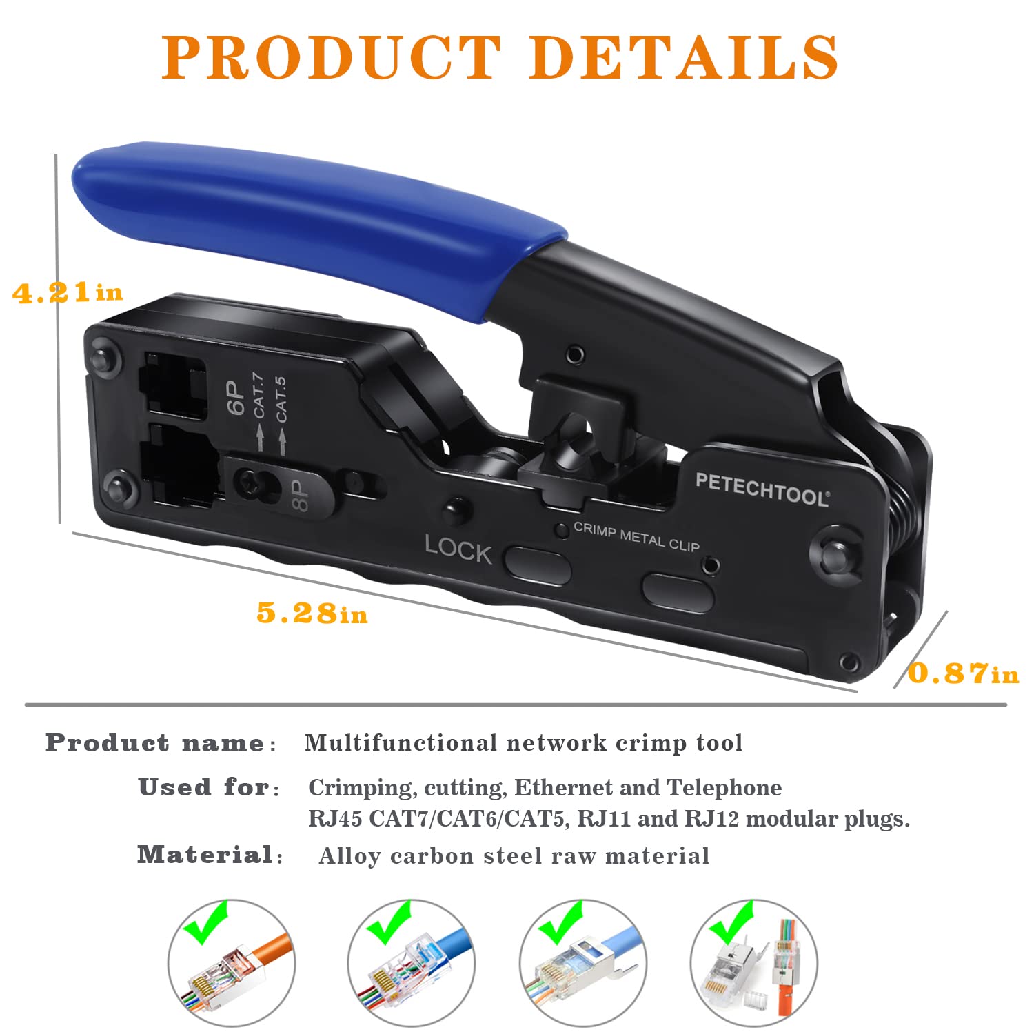 RJ45 Crimp Tool Ethernet Crimping Tool Wire Cutter Crimper For Cat7 Cat6a Cat6 Cat5e Pass Through Connectors