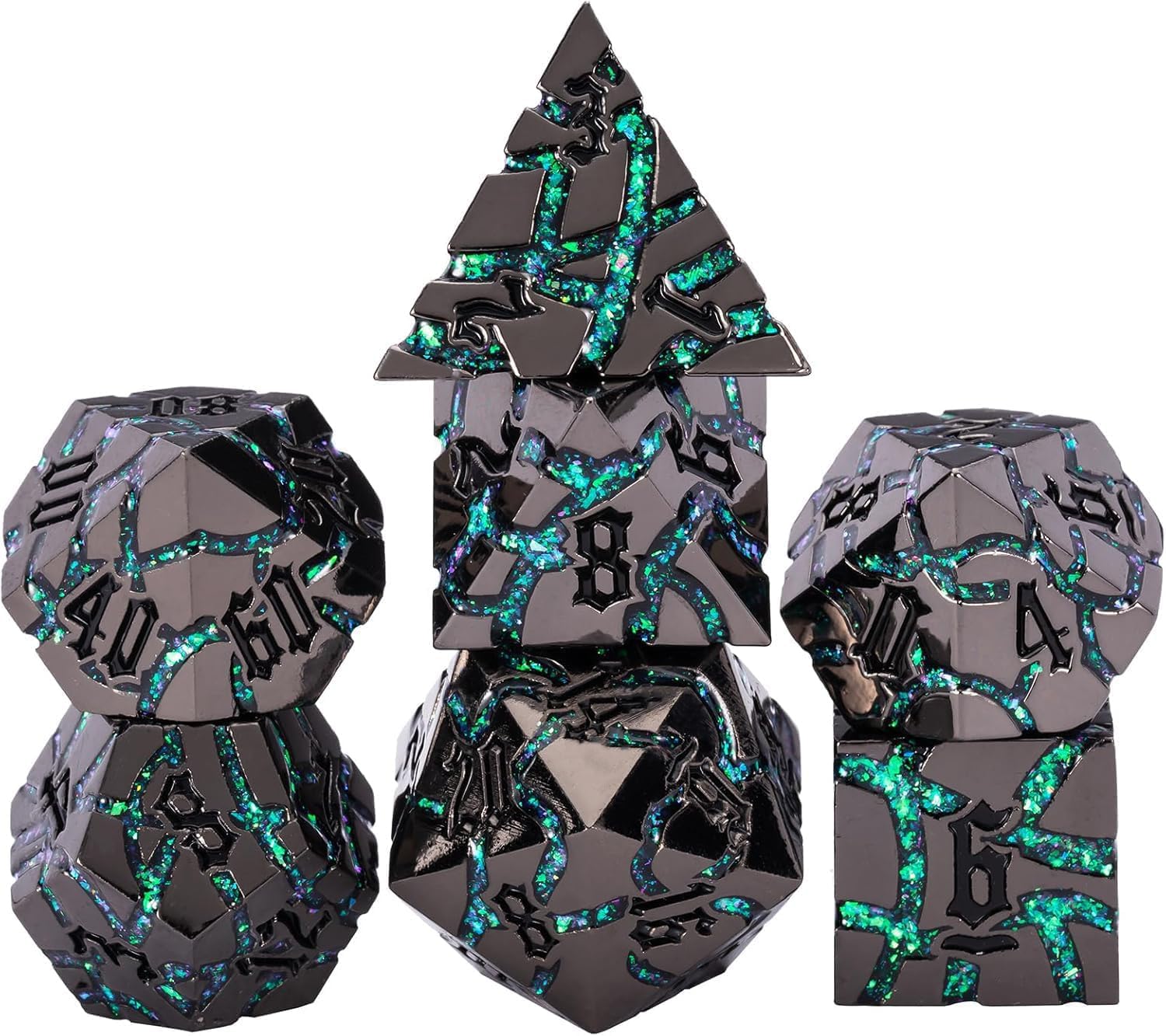 Maywin Cracked Rune Metal Dice Set for DND & RPG – Dark Fantasy Fractured Design, Premium Heavy Metal Polyhedral Dice with Deep Engraved Numbers, 7-Piece Set – Green Mystic Vein