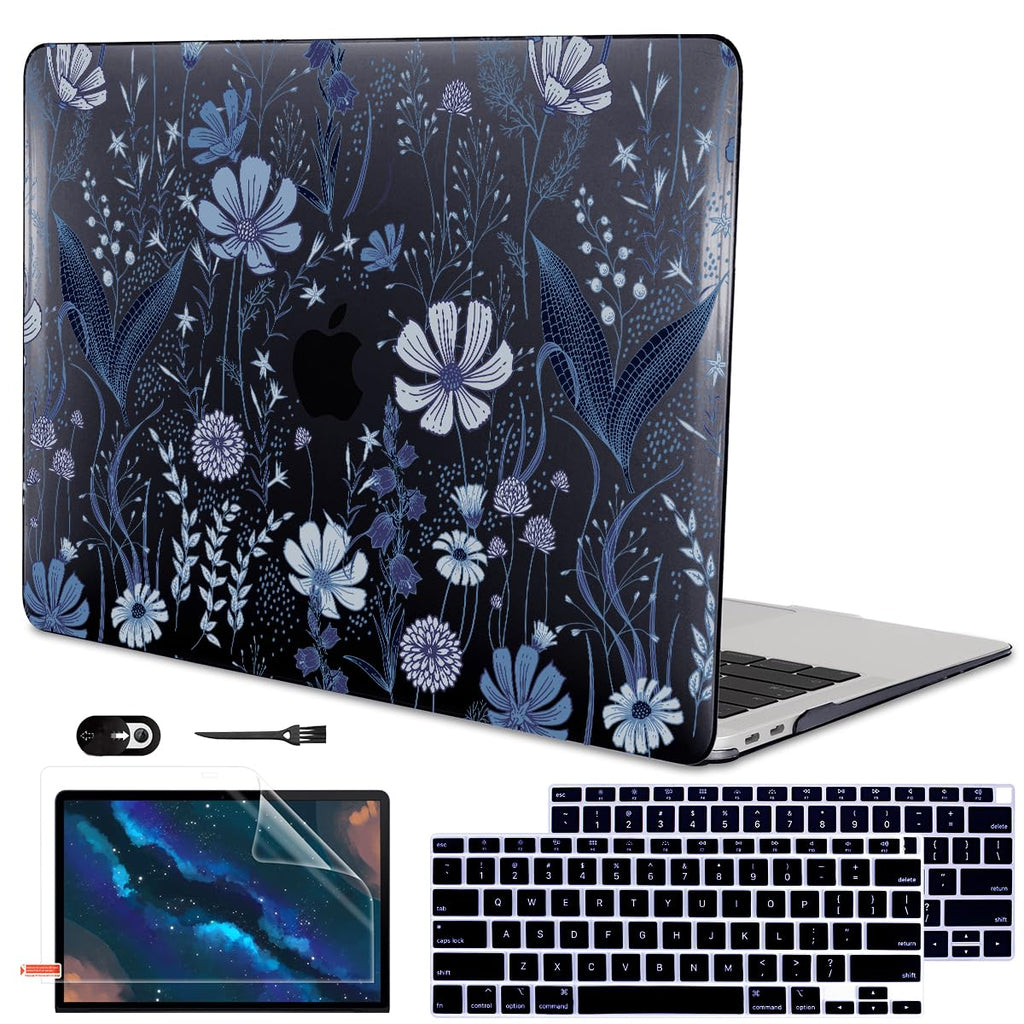 LCMOCICO for 2018 2019 2020 2021 MacBook Air 13 Inch Case M1 A2337 A2179 A1932, Pattern Plastic Hard Shell Case Cover for MacBook Air 13.3 M1 with Retina Display & Touch ID, Wild Flowers Black