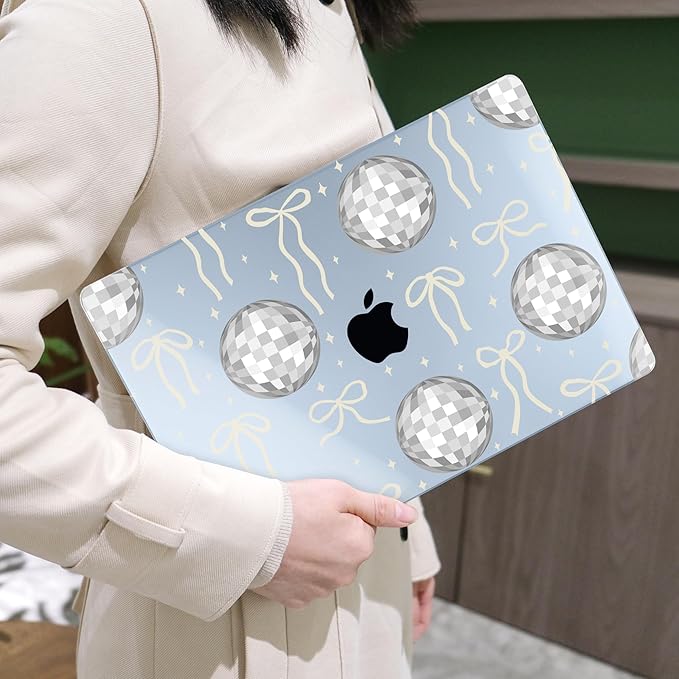 MEEgoodo for M4/M3/M2 MacBook Air 15.3 inch Case 2025 2024 2023, Case Fit Model (A3241/A3114/A2941) for MacBook Air 15 inch, Laptop Hard Shell with Keyboard Cover, Silver Disco Balls & Bows