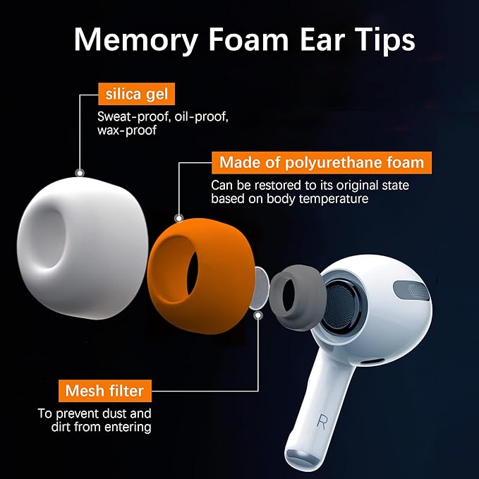 Airpod Pro Ear Tip Memory Foam & Silicone Hybrid Ear Tips, Perfect Noise Reduction, Stays in Your Ears, Ultra-Comfort, Anti-Slip Eartips, Fit in The Charging Case (Orange, Small)