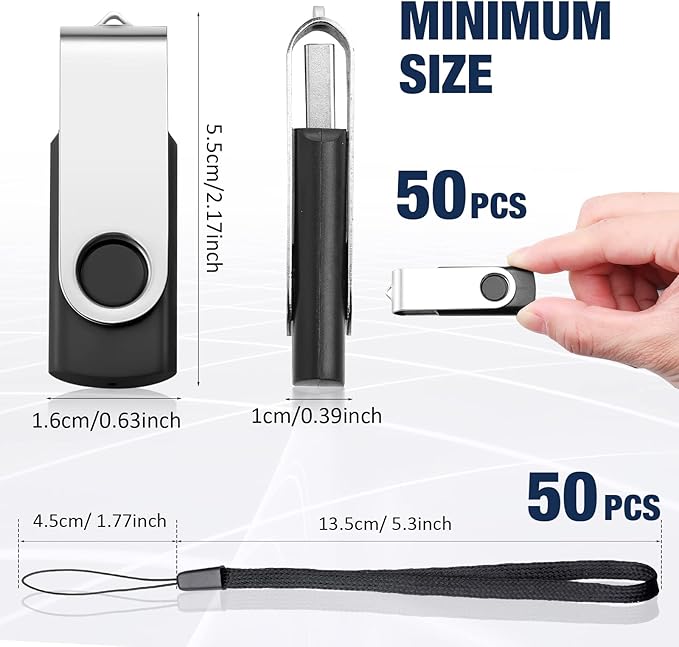 Aoriher 50 Pack USB 2.0 Flash Drives Bulk, Portable USB Thumb Drives with Lanyards, Swivel Flash Drives Thumb Drives for Office School Data Storage (2GB)