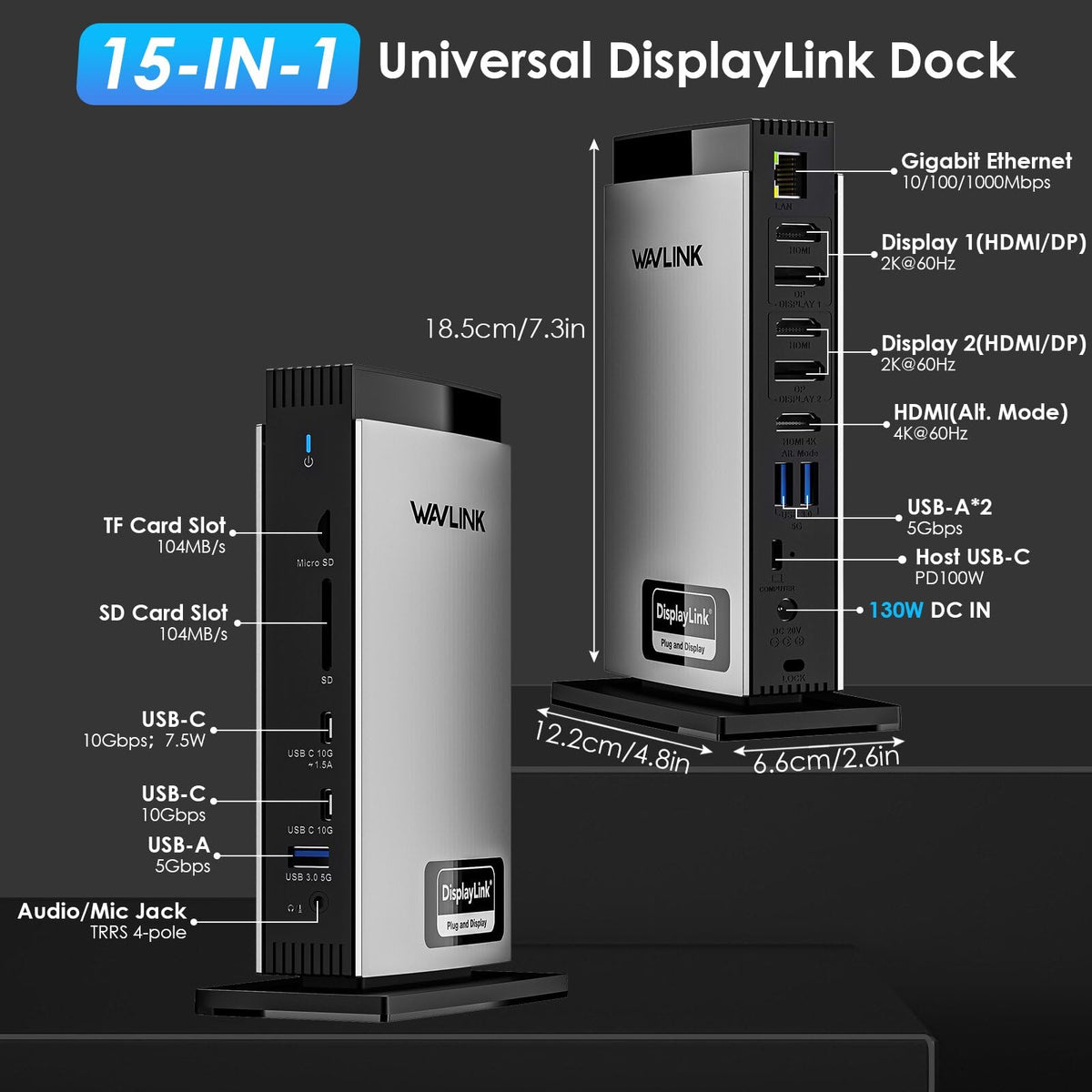 WAVLINK USB C DisplayLink Docking Station with 3 HDMI 4K60Hz,Displaylink Triple Display Docking Station for MacBook M1/M2/M3/Windows,5 USB Ports,2DP,Ethernet Port,Audio/Mic,SD/TF（No Charging Ports）