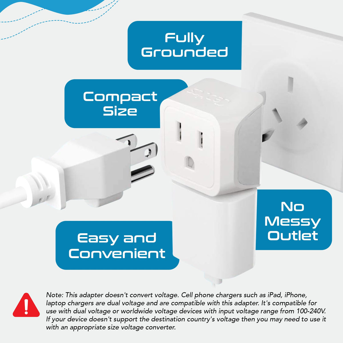 Ceptics Australia Plug Adapter, 2-in-1 Type I, Dual USA Input - 3 Pack