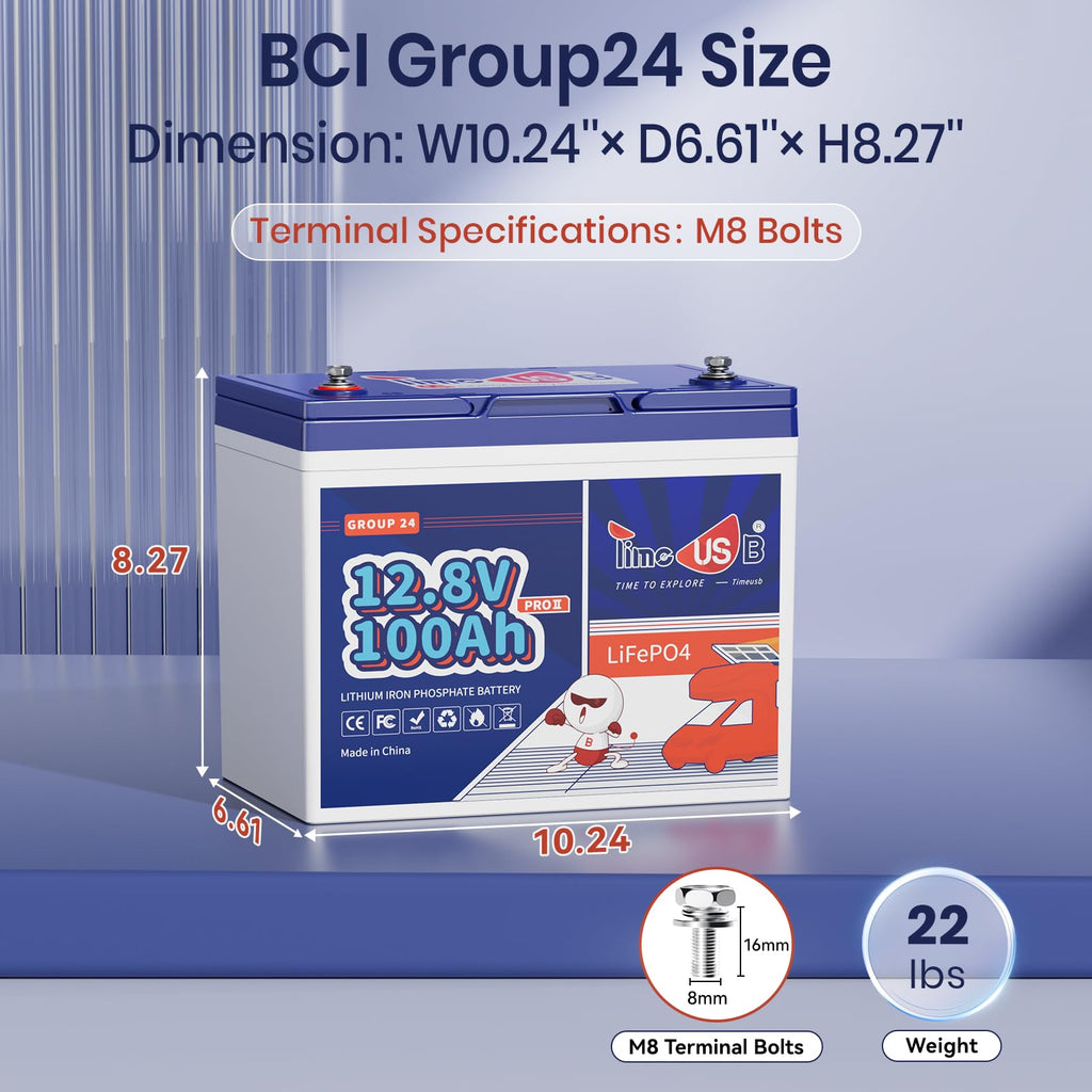 Timeusb 12V 100Ah RV LiFePO4 Lithium Battery- BCI Group 24, Deep Cycle LiFePO4 Battery Built-in 100A BMS, 1280Wh, Max.15000 Cycles, 10-Year Lifespan for RV, Solar, Trolling Motor, Marine