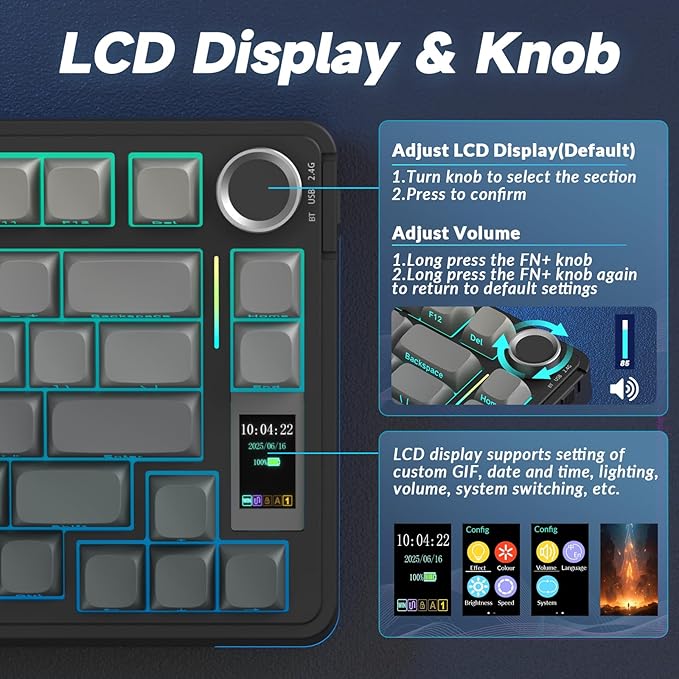 AULA S75 PRO Wireless Gaming Keyboard with Screen & Knob, Tri-Mode Hot Swappable Mechanical Keyboard 75%, Pre-lubed Switches, RGB Backlit, Side Printed PBT Keycaps, Creamy Sounding Computer Keyboards
