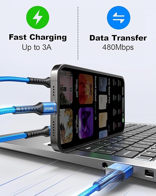 Short Multi Charging Cable 1FT 2Pack 3 in 1 Charger Cord Braided Universal Phone Cords with Lightning/Type C/Micro USB Connectors, Multiple USB Cable for iPhone/Samsung/Google Phones and More