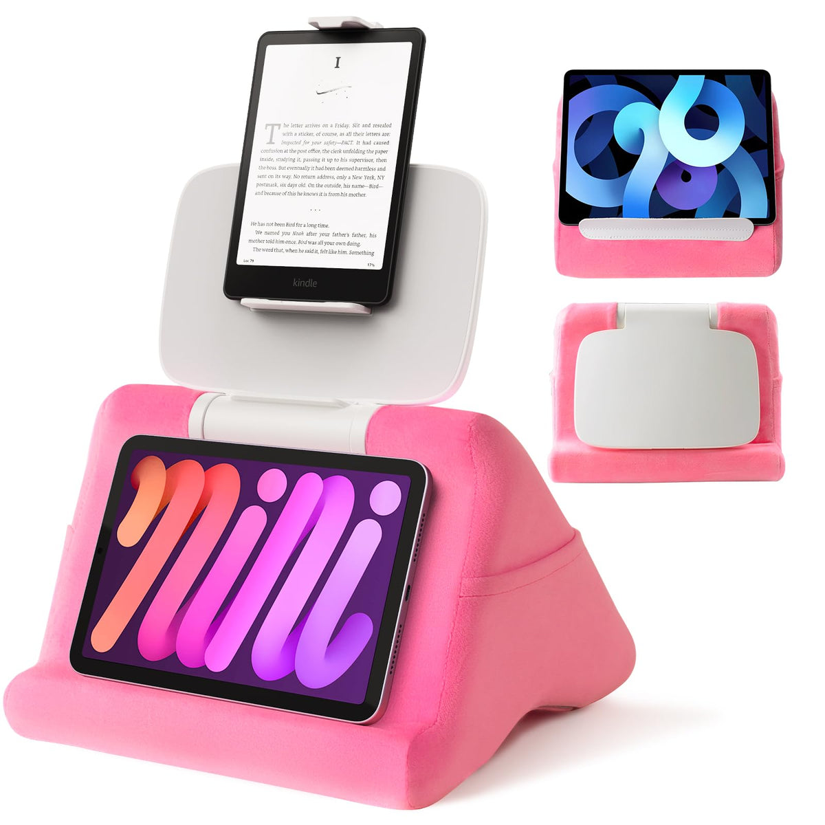 SAIJI Tablet Pillow Stand - iPad mini Kindle Holder for Lap in Bed, with Lifter & Angle Adjustable Multi-Function Clip for 4-13" Tablets, Pink