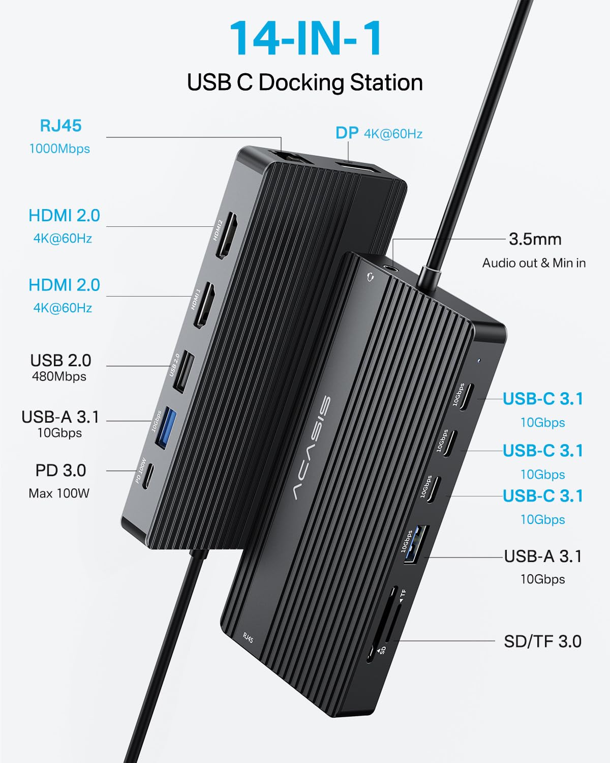 USB C Docking Station Dual Monitor, 14 in 1 USB C Hub, Adapter with 2 HDMI+DP(4K60Hz), Ethernet, 3 USBC 10G,100W PD, SD/TF, Audio, Laptop Docking Station for Dell/HP/Lenovo/ThinkPad/Surface (Black)