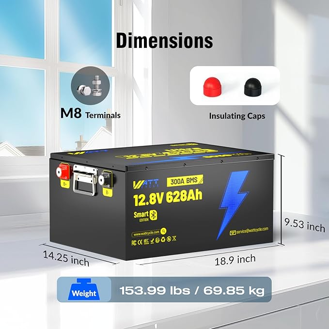 12V 628Ah LiFePO4 Lithium Battery 300A BMS, Built-in Bluetooth 5.0, Full Metal Case 8038Wh Energy, 15000+ Deep Cycles Batterys, Perfect for Home Energy, RV, Marine, Solar, Trolling Motor