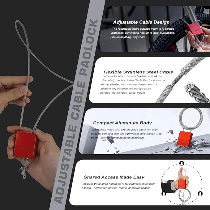 Cable Padlock with 3 Keys | L 1.15ft(0.35m),D 1/6in(4mm) Adjustable Steel Cable Lock | Aluminum Locks for Bikes, Gate, Lockers & Outdoor Gear | Weatherproof & Red