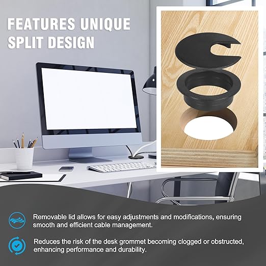 2" Black Desk Grommet, JTemgle Plastic Cable Hole Cover Computer Table Cord Wire Organizer Caps Desktop Cord Management for Home Office TV Stands Tabletops, 2 Pieces