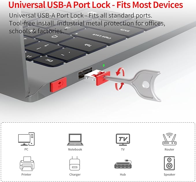 12PCS USB Metal Port Lock Blocker with 1 Key - Secure USB-A Port Protector for PC/Laptop, Anti-Theft Data Security Lock, Dust & Moisture Proof Cover, Removable Type-A Connector Red