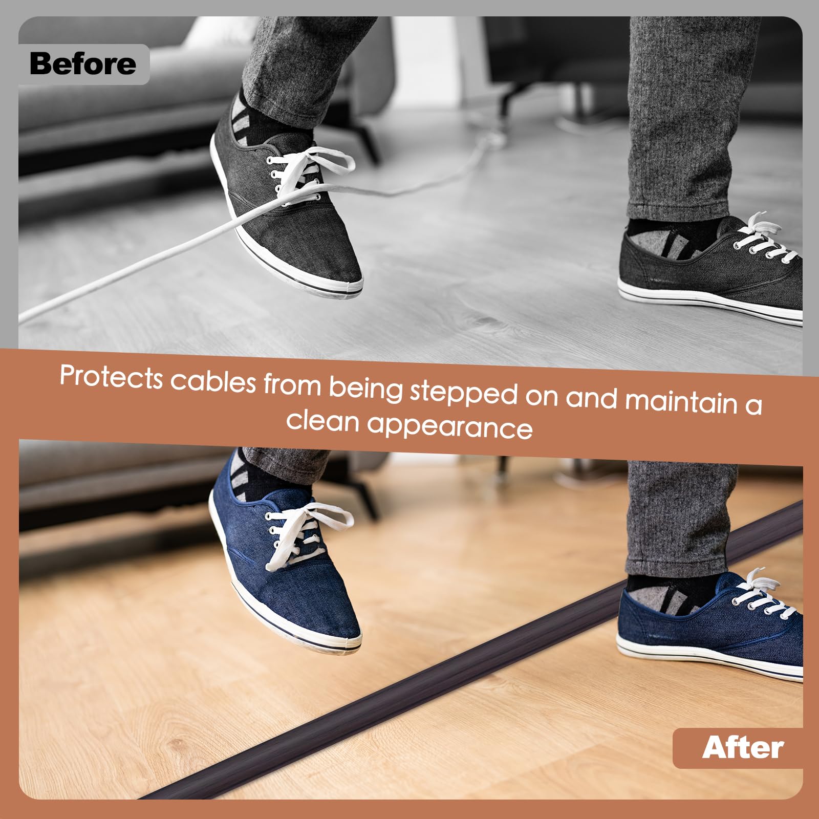 Floor Cord Cover for Wires on Floor Self Adhesive Cord Hider Floor Cable Management Wire Covers for Cords Protector Prevent Cable Trips Cord Cavity W 0.51" x H 0.31", Black Walnut, 3.3Ft