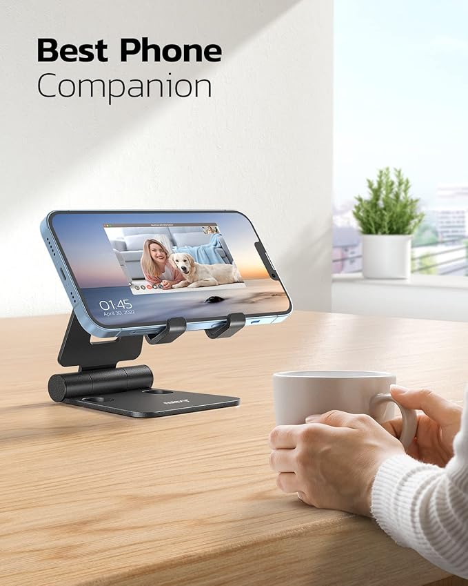Nulaxy 2 Pack Dual Folding Cell Phone Stand, Fully Adjustable Foldable Desktop Phone Holder Cradle Dock Compatible with Phone 16 15 14 13 12 Pro Xs Xs Max Xr, All Phones, Black&Gold