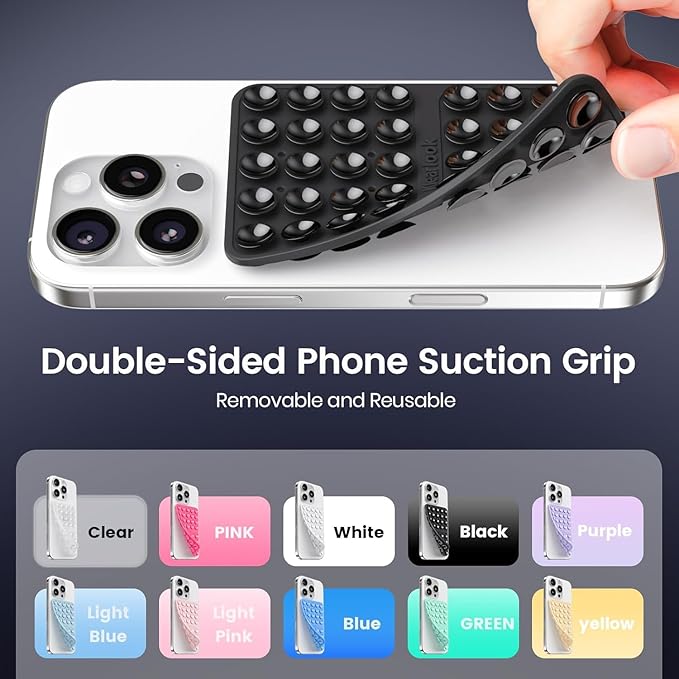Klearlook 4Pack Silicone Suction Cup Phone Case Mount Double Sided, Sticky Phone Grip for Cell Phone, Hands-Free Phone Accessories for Selfies and Videos, Clear & Light Pink & Black & White