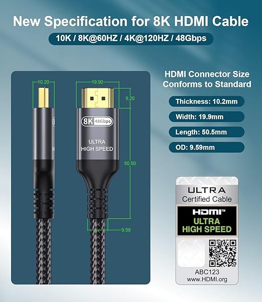 Certified 10K 8K HDMI 2.1 Cable 6.6 FT, 48Gbps Ultra High Speed HDMI Cable with Ethernet 4K 240Hz 165Hz 144Hz 120Hz 8K60Hz eARC HDCP2.3 HDR10+ PC Laptop TV Monitor Projector