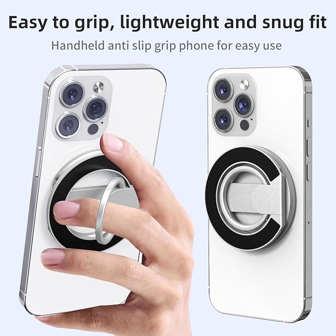 Magnetic-Phone-Ring-Holder with Dual Rings, Compatible with iPhone 16/15/14/13/12, Multifunctional Stand for Desk,Office,Gym,Kitchen & All Metal Surfaces, Finger Loop Grip (Silver)