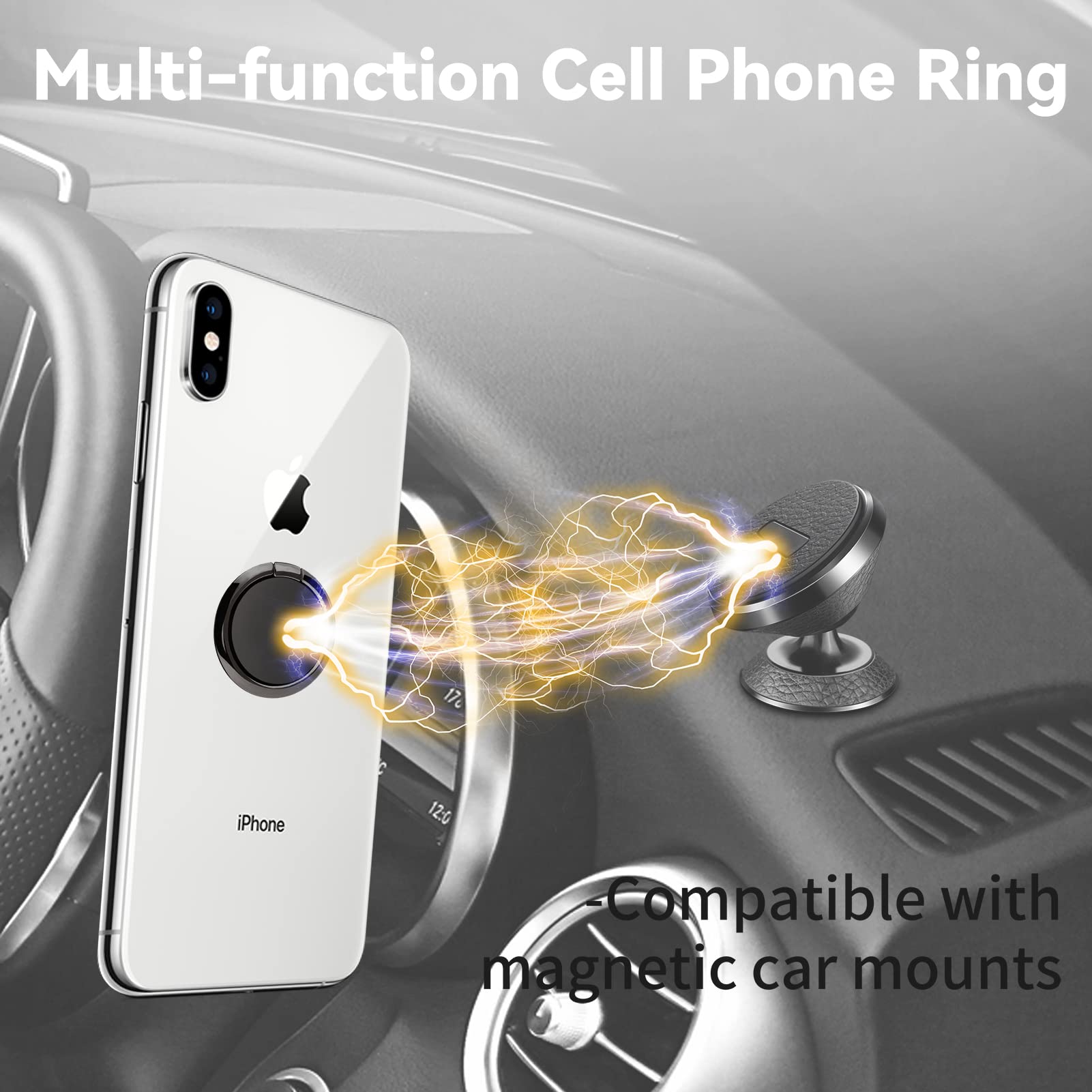 OBHEI Metal Cell Phone Ring Holder Finger Ring Stand, 360 Degree Rotation Ring Kickstand Grip Holder for Magnetic Car Mount, Black
