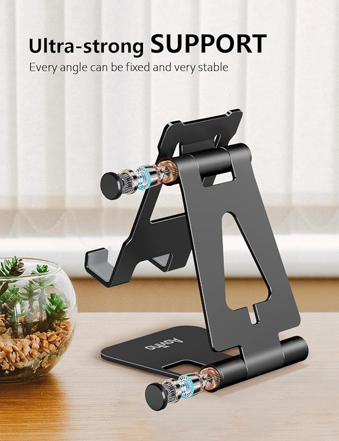 Cell Phone Stand for Desk, Adjustable Desktop Phone Holder Stand, Foldable Moblie Phone Dock for iPhone 15 14 13 12 11 Pro Xs Max Xr X 8 7 6 5 5s SE Nintendo Switch All Phones, Black