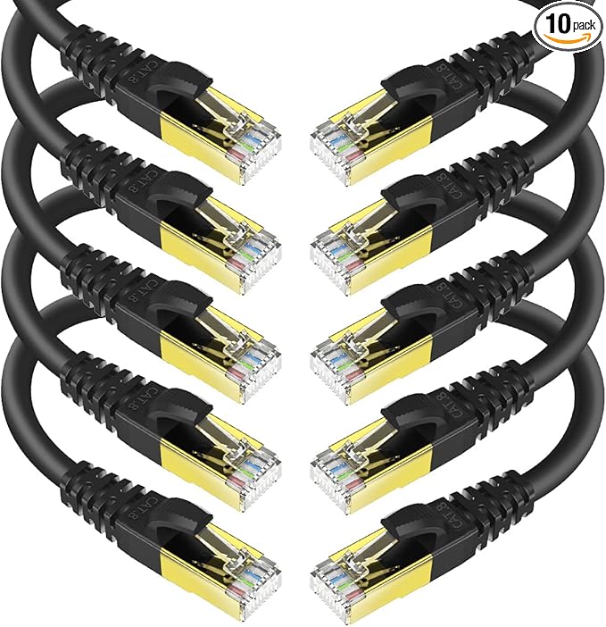 KASIMO CAT 8 Ethernet Cable 1 Feet, 10 Pack Black Shielded SFTP Internet Network Patch Cord, Heavy Duty High Speed LAN Cables w Gold Plated RJ45 Connector Professional for Router, Modem, Gaming