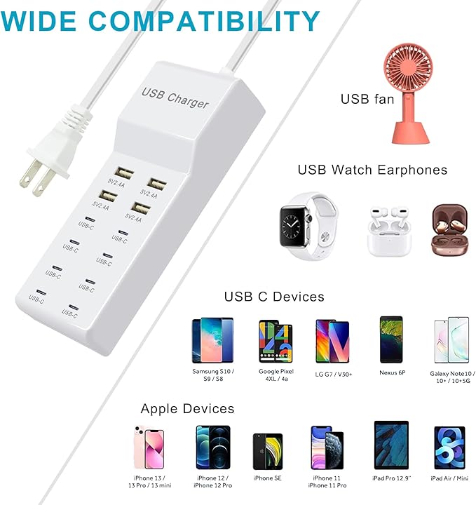 USB Charging Station with 12 Port USB Power Strip Fast Charging for Multiple Devices Compatible with Cell Phones Tablets Laptops (XHK-4U8C)