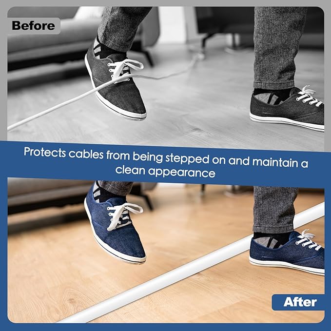 Floor Cord Cover for Wires on Floor Self Adhesive Cord Hider Floor Cable Management Wire Covers for Cords Protector Prevent Cable Trips Cord Cavity W 0.51" x H 0.31", White, 10Ft