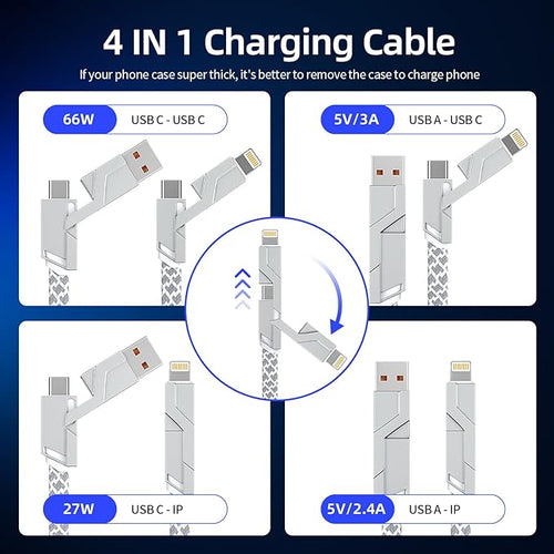 4 in 1 Charging Cable 5FT -MAX 66W USB C Cable Fast Charging, Multi Charging Cable, Multiple iPhone Charger Cord for iPhone 17/16/15/14/13/iPad/Android/Tablets/Car and More, Cruise Travel Essentials