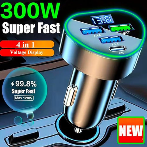 4 in 1 Multi Port USB C Car Phone Charger Adapter with Voltage Display, QC4.0/PPS/AFC Super Fast Cigarette Lighter USB Charge with Volt Meter for iPhone Galaxy Android Phones