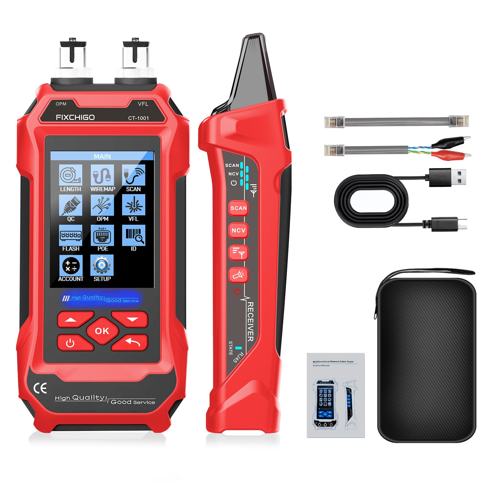 FIXCHIGO 10 in 1 Network Cable Tester with 7 Wavelengths OPM 10Km/10mW VFL 600M Measurable Length 100 Records Tool Kit for CAT5 CAT6 Telephone Ethernet RJ11 RJ45 PoE Wire Tracer NCV, Red