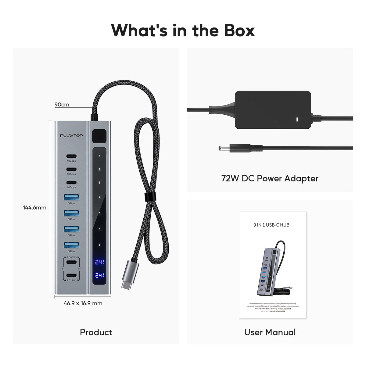 Powered USB C Hub, 9-in-1 USB-Hub suppprt 10Gbps & PD 45W Max Charging