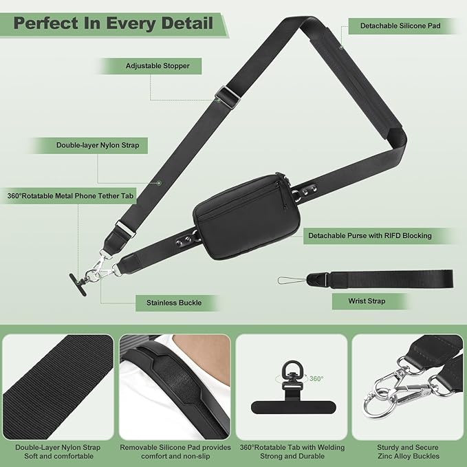 Clip and Go Strap for Phone with Wallet Crossbody, Adjustable Phone Lanyard with Detachable RFID Wristlet Wallet, Universal Phone Strap with 360° Rotatable Phone Tabs for All Phones (Black)