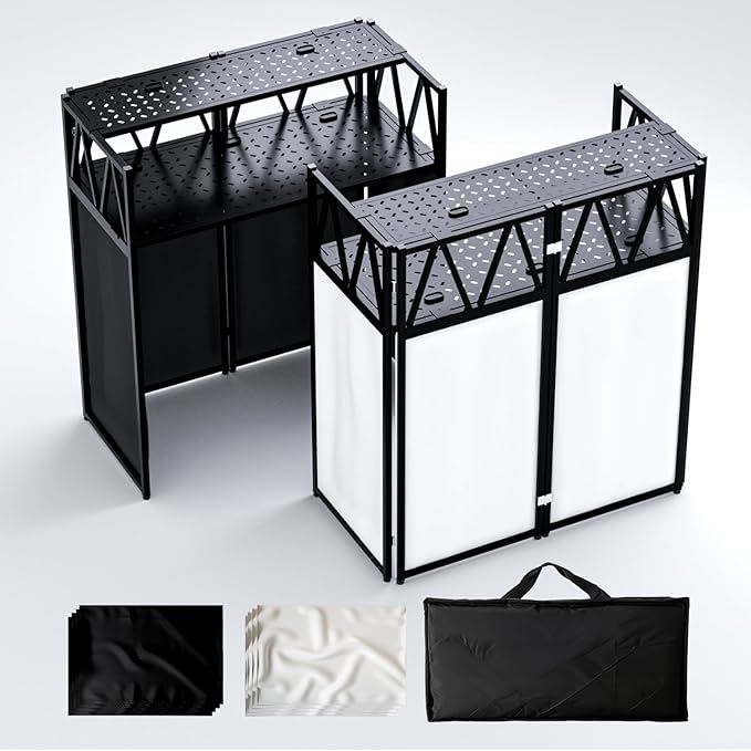Portable DJ Booth Table,Foldable DJ Table Stand Portable with White & Black Scrim,Adjustable DJ Facade Table Station Metal Frame DJ Table with Cable Hole for Private Events, Clubs, Bars (Upgrade)
