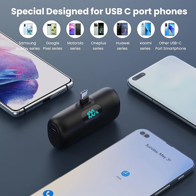 [2 Pack] Samll Portable Charger for iPhone 16/15 Series, 5000mAh 3A PD USB C Power Bank, Mini LCD Display Battery Pack Compatible with iPhone 16/16 Plus/16 Pro/15 Pro Max,Samsung,Android/Moto/LG etc
