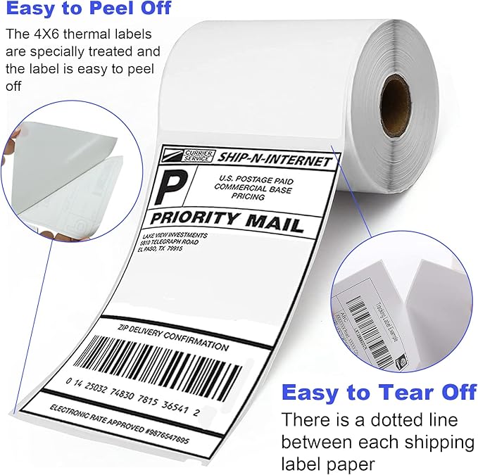 FungLam 4 Rolls 4x6 Direct Thermal Shipping Labels, 250 Labels Per Roll, 1" Core, Perforated, White Mailing Postage Shipping Label Compatible with Zebra 2844 ZP-450 ZP-500 ZP-505
