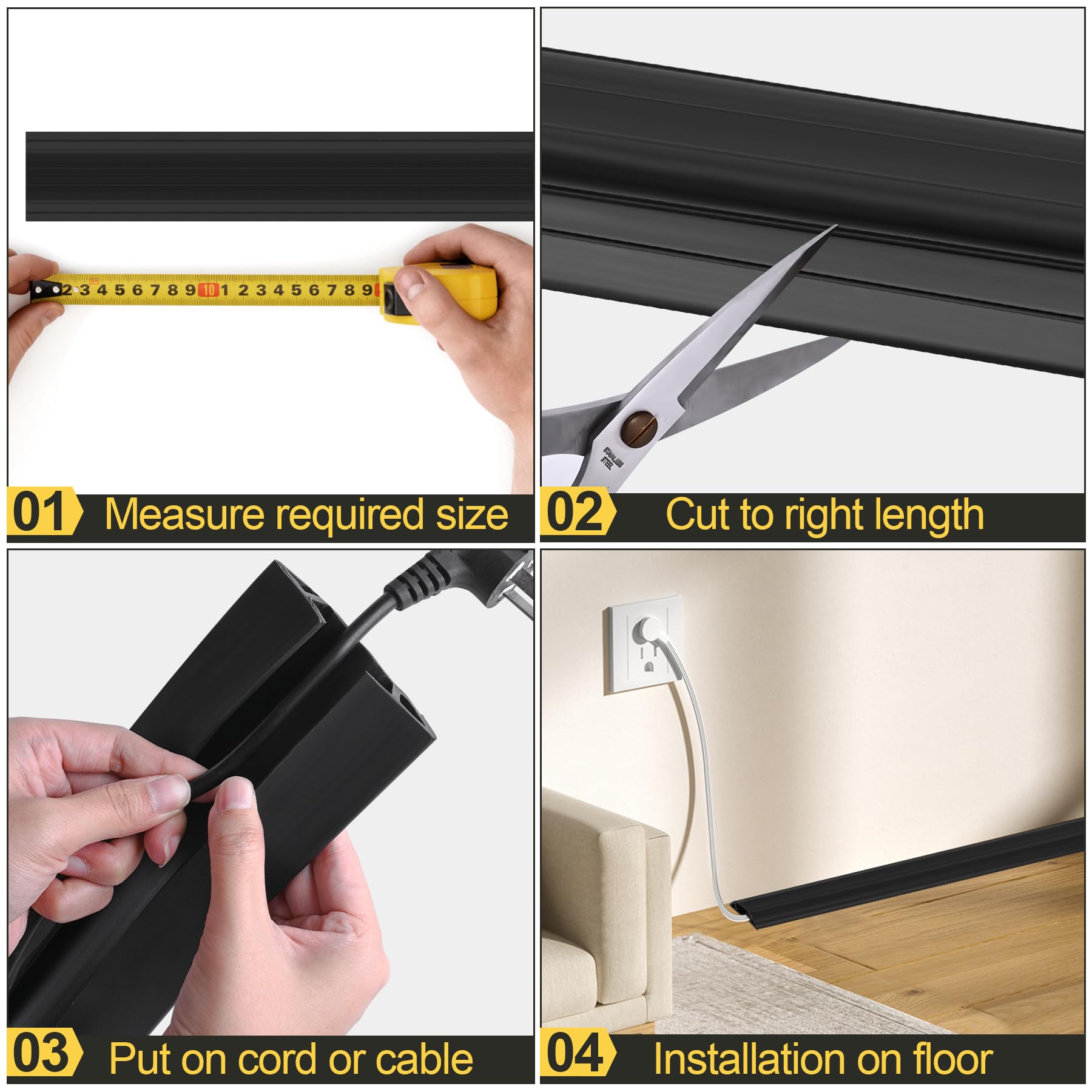 MYFAMIREA 10FT Floor Cord Cover Heavy Duty Cable Cover Protector 3 Channels Extension PVC Floor Wire Cover Outdoor Cord Hider Management Cord Cover for Wire on Floor for Home Office Outdoor, Black