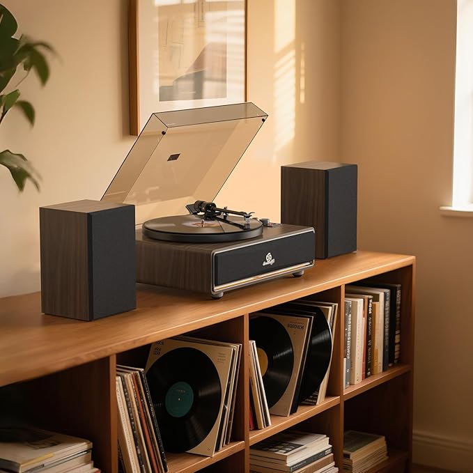 Vinyl Record Player Built in HiFi Stereo Speakers BT Wireless Input Belt Drive Iron Platter Turntables for Vinyls Records with MM Audio AT-3600L Cartridge Soft Warm Light Design Wooden Cream Brown