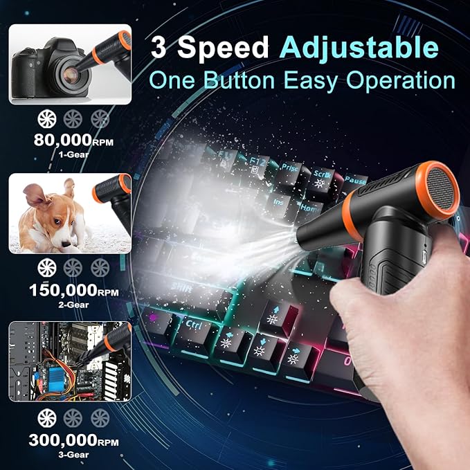 Compressed Air Duster, 300,000RPM Powerful Electric Air Duster, No Canned Air Duster-Replace Compressed Air, 3 Gear Adjustable High-Speed Air Blower for Office, Home,Car, Computer, Keyboard