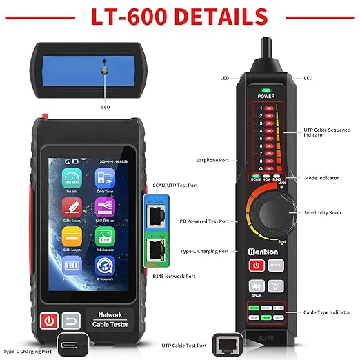 Multifunction RJ45 Network Caber Tester, 4" IPS Touch Screen UTP Cable Tester,Rechargeable Ethernet Cable Tracer,Support Network Tools, POE++ Detect,Cable Length Meter,RJ45 TDR Test, NCV,PD Power,FTP