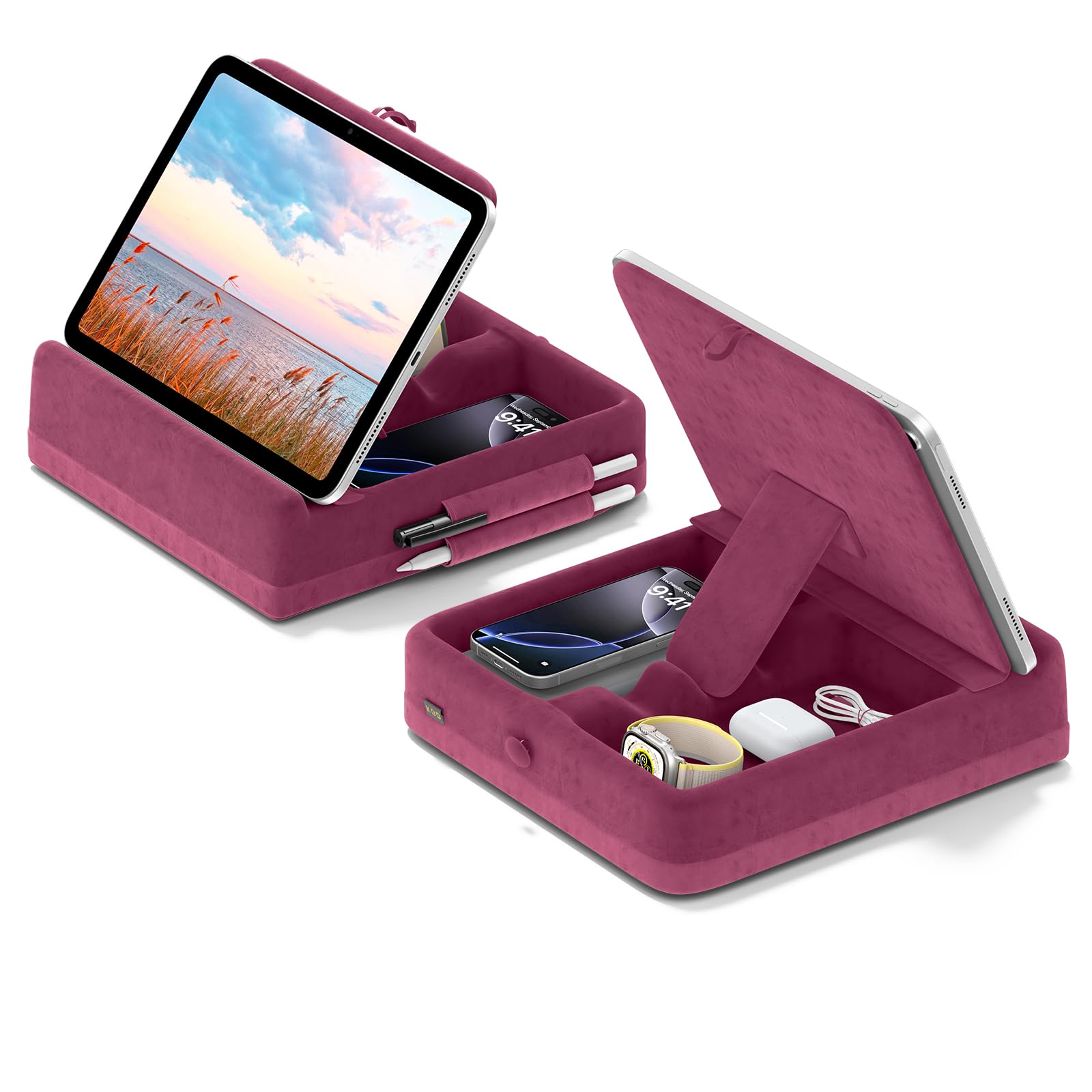 KDD Tablet Pillow Stand with Storage, Foldable iPad Holder for Lap, Desk and Bed, Angle Adjustable Soft Pad Dock with Stylus Mount Compatible with iPad Pro, Air, mini, Book, Phone and Tablet (4-13")