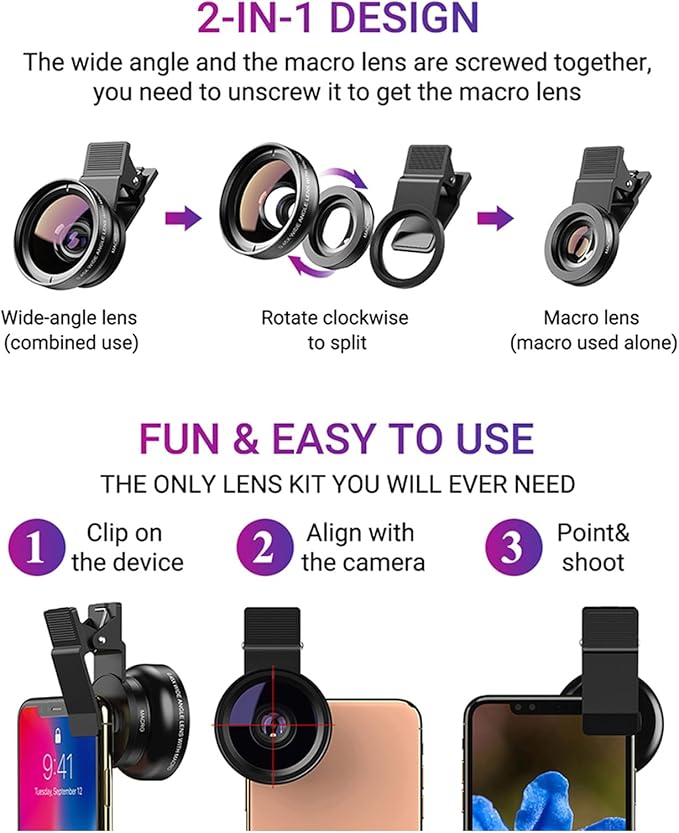 Apexel Phone Camera Lens, 2 in 1 Cell Phone Clip-on Lens Kit 0.45X Wide Angle Lens 140°+ 12.5X Macro Lens Clip-on iPhone Lens for iPhone Samsung and Most of Android Smartphone