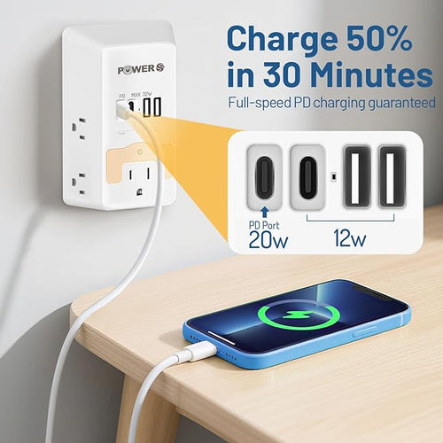 20W PD Fast Charging Wall Outlet with USB Ports (2C2A), Electrical Outlet Extender with Night Light, Surge Protector, Wall Plug Adapter for Multiple Devices